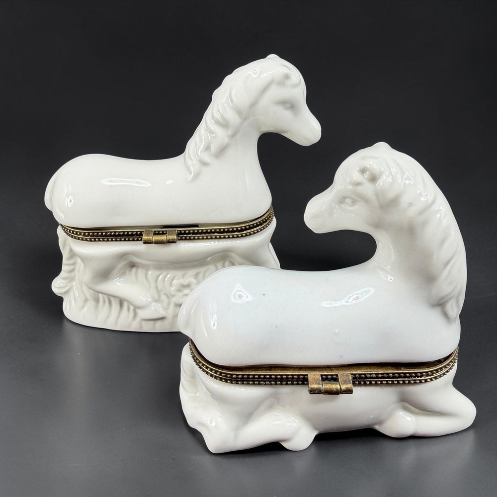 White Porcelain Horse Trinket Box Set of 2 Hinged Metal Trim Equestrian Decor